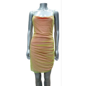 NWT Gauge81 Perry Mesh Layered Ruched Mini Dress Size Small in Green & Hot Pink